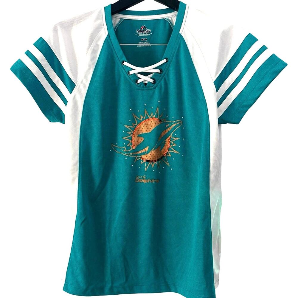 Miami Dolphins women’s rhinestones majestic fashion t-shirt Sz L football New
